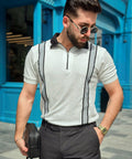 Timeless Fusion Evo Men White Zipper Polo with Grey Striped Twill Tape