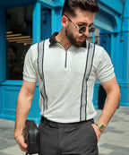 Timeless Fusion Evo Men White Zipper Polo with Grey Striped Twill Tape