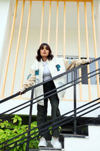 Evo Vintage Varsity: Off-White & Beige Unisex Varsity Jacket
