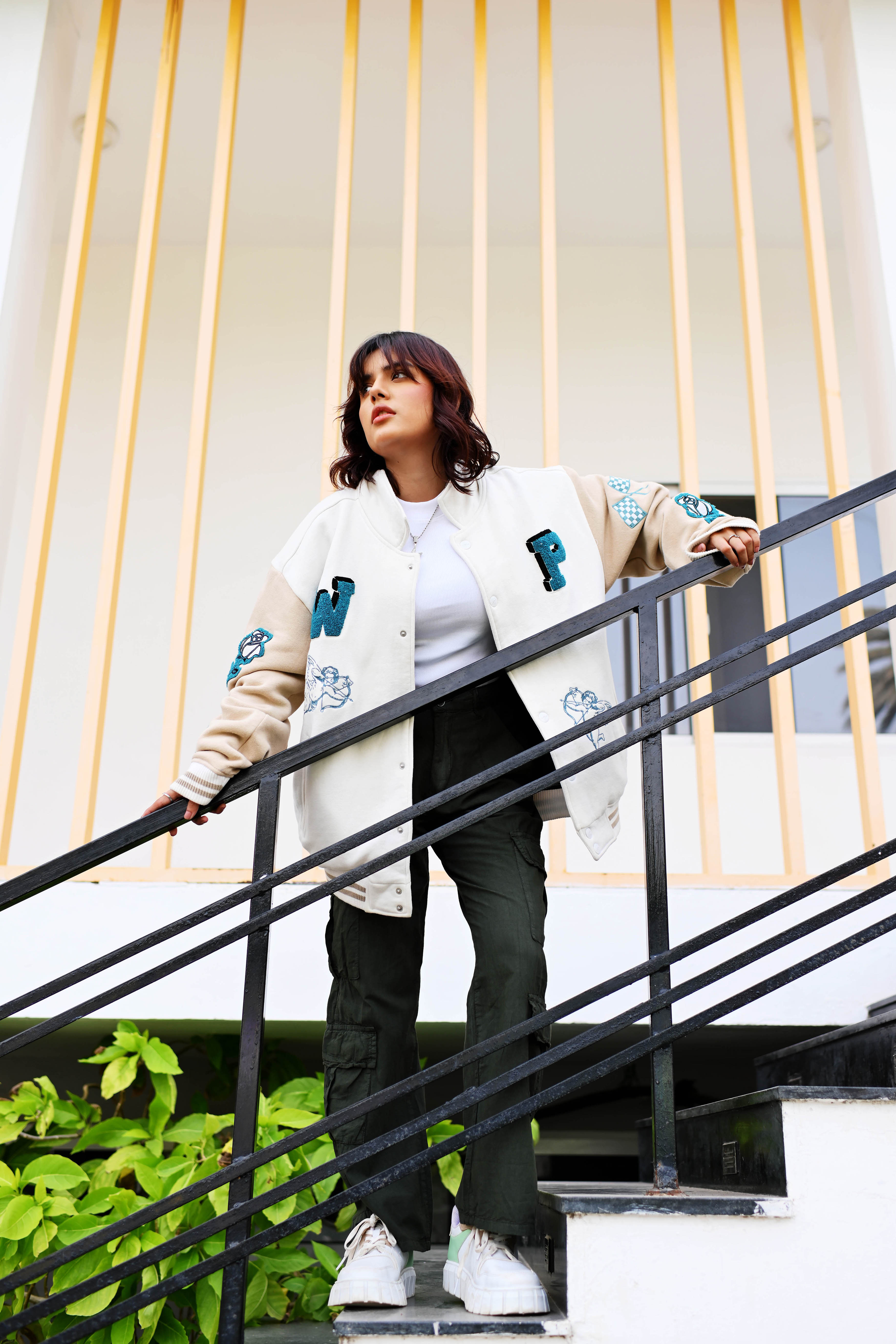 Evo Vintage Varsity: Off-White & Beige Unisex Varsity Jacket