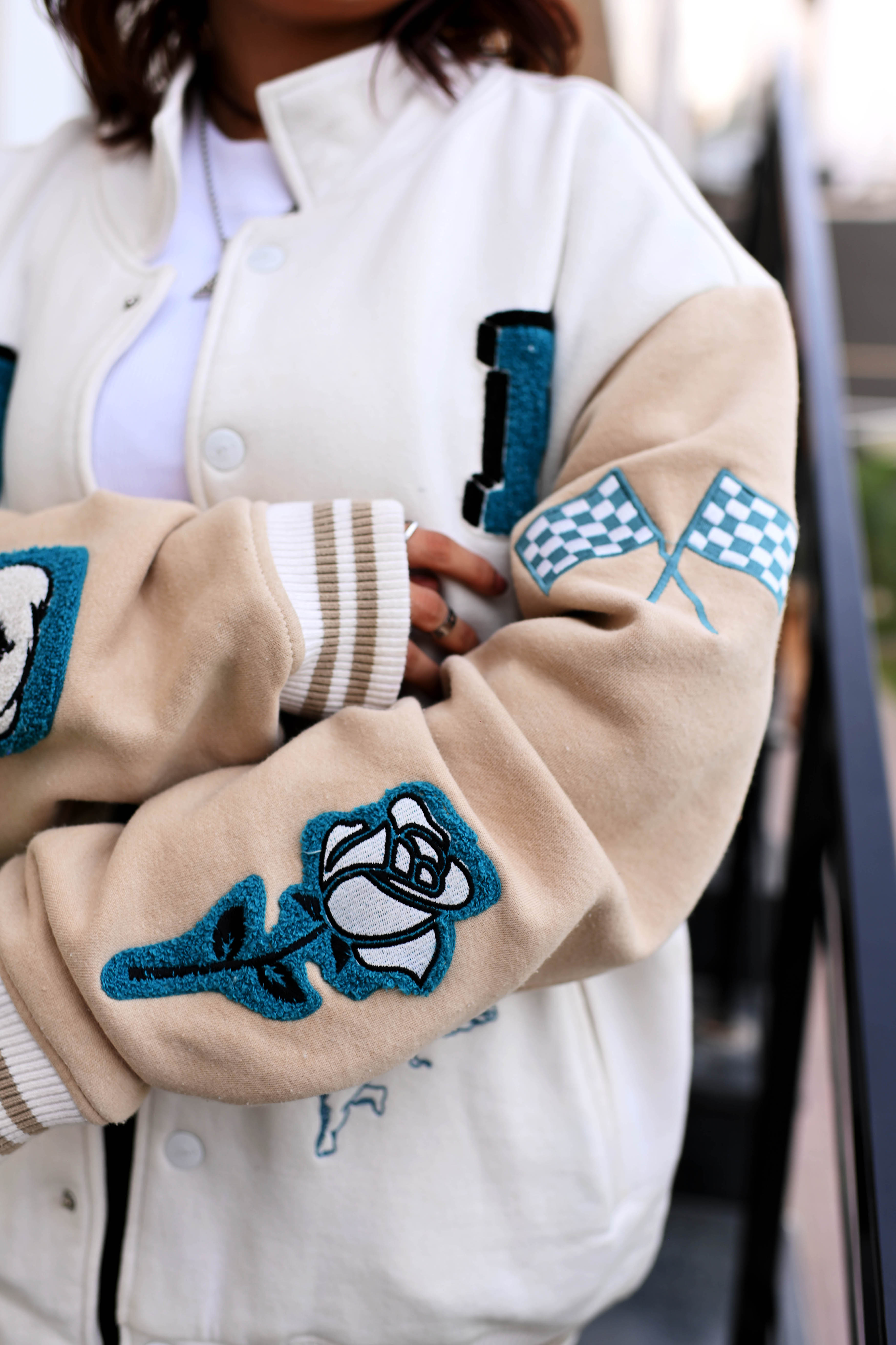 Evo Vintage Varsity: Off-White & Beige Unisex Varsity Jacket