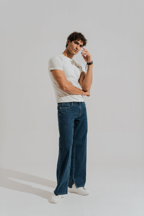 ND CITY™ Blue Mid Washed Wide Leg Slit Denim Jeans