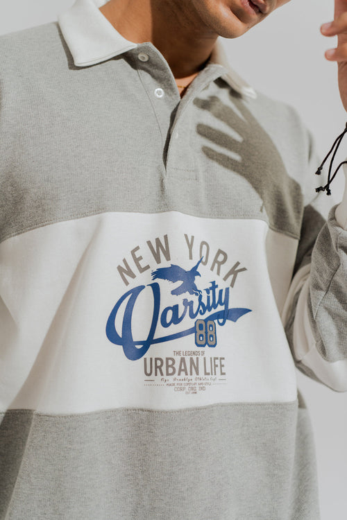 ND CITY™ Grey Panelled Oversized Graphic Rugby Polo